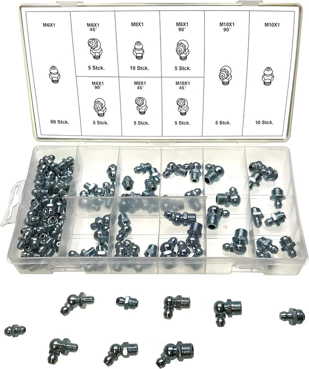 Schmiernippel-Set Fettnippel Kegelschmiernippel M6 M8 M10 gerade 45° 90° 110-tlg